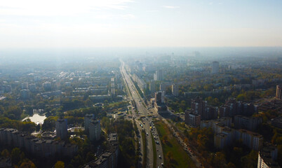 Top view of the highway highway in the city with cars