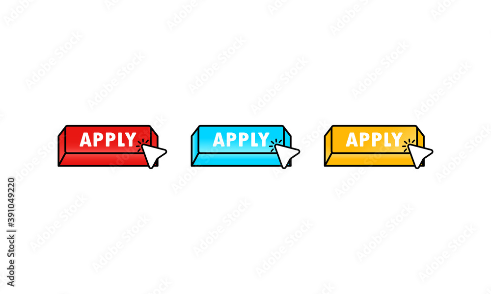 Poster Apply now buttons in flat style with cursor. Vector apply icon. Vector illustration for web services, application or websites.