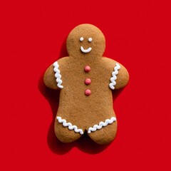 Homemade biscuit. Bakery food art. Festive sweet decoration. Brown happy smiling gingerbread man cookie isolated on red background.