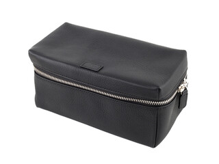 Female black leather cosmetic bag isolated on white