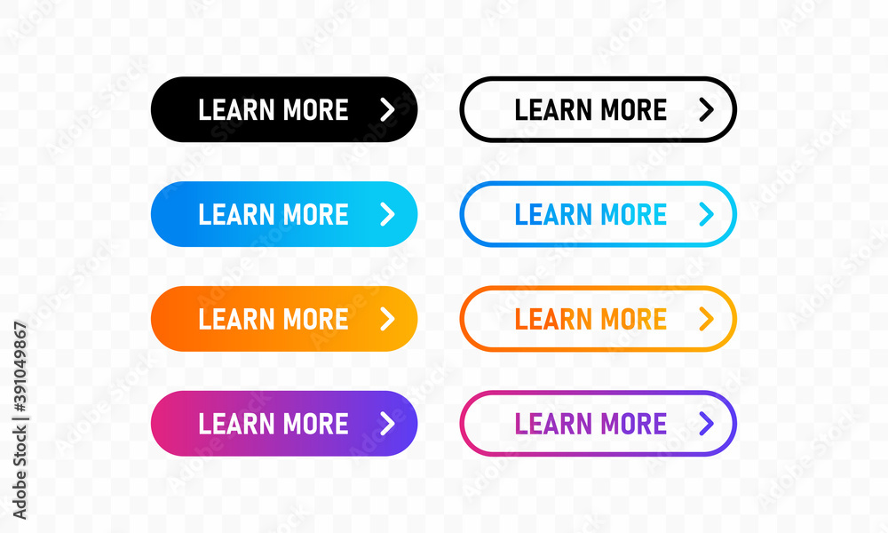 Poster Collection of Learn More Buttons. Flat button with colorful gradient. Colorful buttons for sites and applications.Vector illustration.
