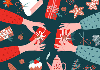 Two pairs of Hands and gift box on table. Wrapping christmas gift box. Preparing for celebration christmas eve, new year. Top view table with scissors , tree branches. Flat cartoon vector illustration