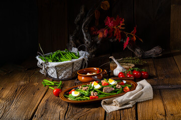 Rustic green bean salad with egg and tuna