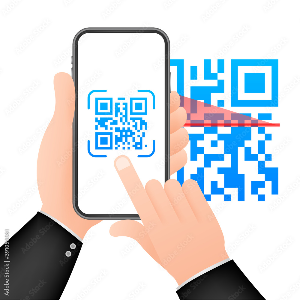 Poster scan qr code to mobile phone. electronic, digital technology, barcode. vector stock illustration.