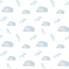 Fototapeta premium watercolor seamless pattern with clouds and leaves