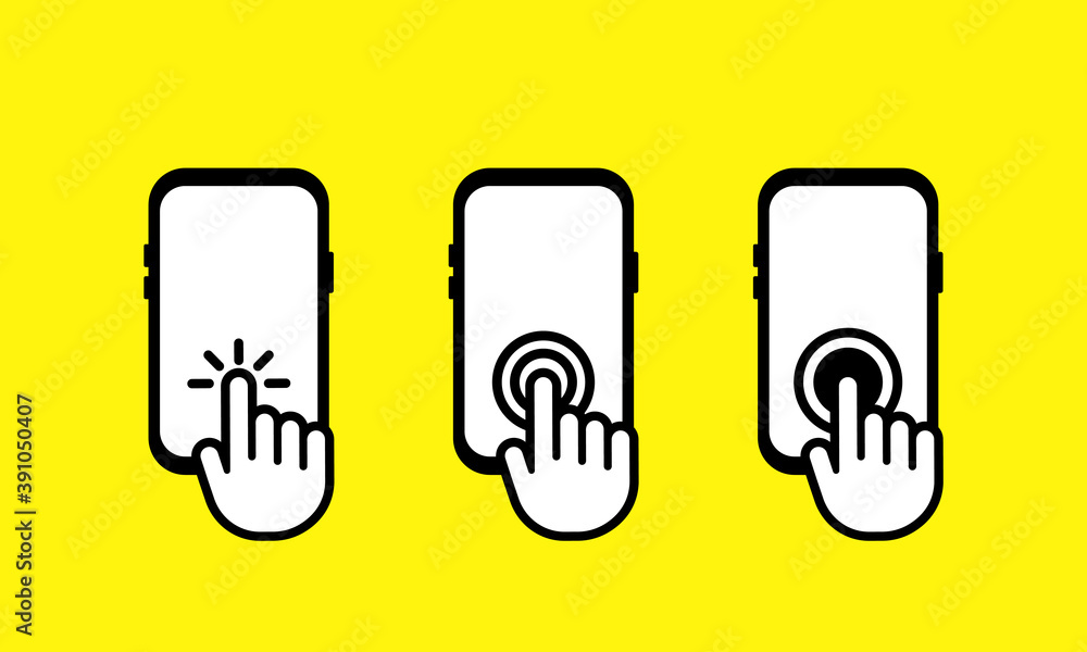 Poster hand touch screen smartphone icon. swipe up. hand gestures. smartphone screen with clicking finger. 
