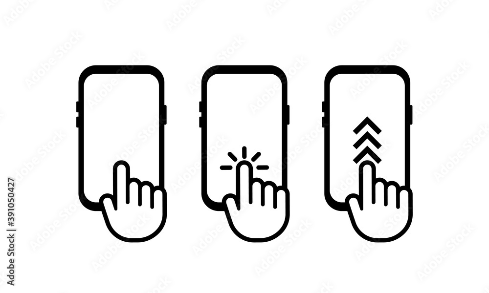 Poster hand touch screen smartphone icon. swipe up. smartphone screen with clicking finger. cursor icon vec