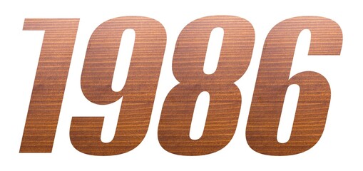 1986 with brown wooden texture on white background.