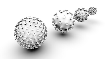 Coronavirus SARS-CoV-2 images sorted from large to small. High resolution 3D Modeling and rendering.