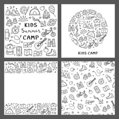 Set of cards with outline children camp, outdoor, tourism doodle icons and grey background.