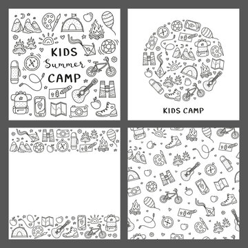 Set of cards with outline children camp, outdoor, tourism doodle icons and grey background.