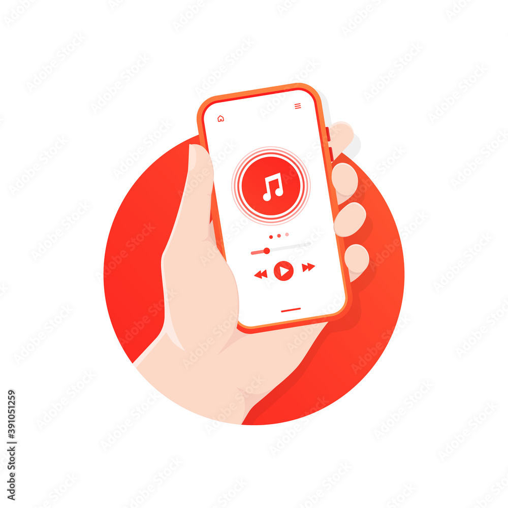 Poster the hand holds phone that plays audio. media player screen. music app. mobile application interface.