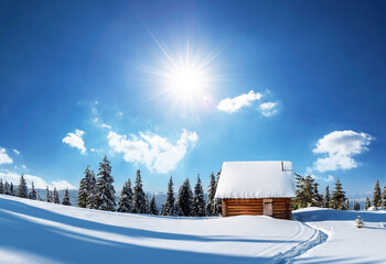 Fantastic winter landscape with wooden house in snowy mountains. Christmas holiday concept....