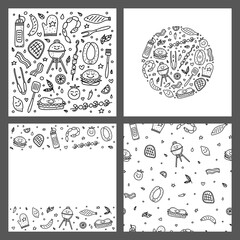 Set of cards with cute doodle outline barbecue and picnic icons, lines, swirls, symbols around isolated on grey background.