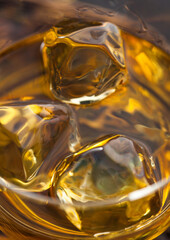 Ice cubes in scotch bourbon whiskey. Macro