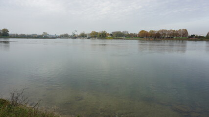 the river Rhein in the community Au am Rhein in the region Baden-Wuerttemberg with the view of the community Lauterbourg in France in the month of November, Germany 