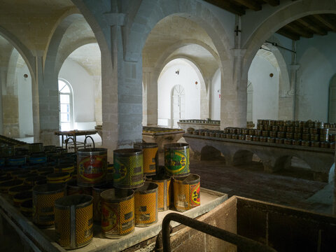 Favignana, Italy, August 2020. In the former Florio factory now a museum, the ancient tuna boxes. In this place the tuna were processed for distribution