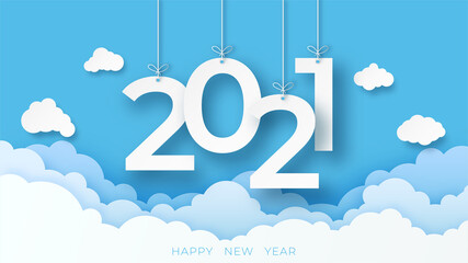 Happy new year decoration background with cloud. paper art vector illustration