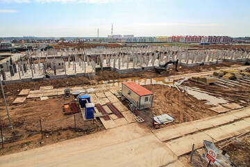 foundation pit for construction of residential building is flooded under water. Flooding...
