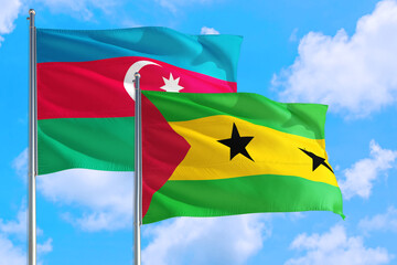 Sao Tome And Principe and Azerbaijan national flag waving in the windy deep blue sky. Diplomacy and international relations concept.