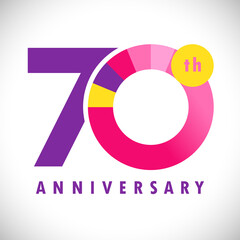 70 th anniversary numbers. 70 years old coloured congrats. Cute congratulation concept. Isolated abstract graphic design template. Color digits. Up to 70%, -70% percent off discount. Decorative sign.