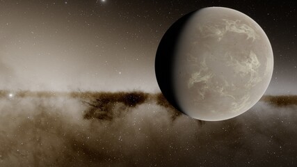 beautiful exo in space and the surface against the background of stars and galaxies in bright colors, space fantasy, space background 3d render