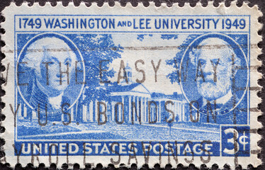 USA - Circa 1949 : a postage stamp printed in the US showing a portrait of George Washington and General Robert E. Lee Text: Washington and Lee University