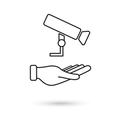 Hand holding CCTV, security digital camera, protection thin line icon. Linear vector. Vector Illustration