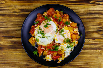Homemade breakfast shakshuka - fried eggs, onion, bell pepper, tomatoes and dill on rustic wooden table. Jewish cuisine. Top view