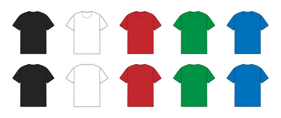 Set mit T-Shirt Vektor Vorlagen Vorderseite und Rückseite - schwarz / weiss / rot / grün / blau - obrazy, fototapety, plakaty