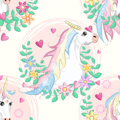 Seamless pattern with unicorns, donuts rainbow, confetti and other elements