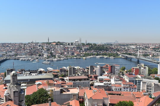 View of the Golden Horn and Historic Peninsula from Galata tower, Istanbul, Turkey, July 2018