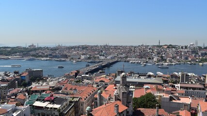 Fototapeta na wymiar Panorama of the Golden Horn and Historic Peninsula from Galata tower, Istanbul, Turkey, July 2018