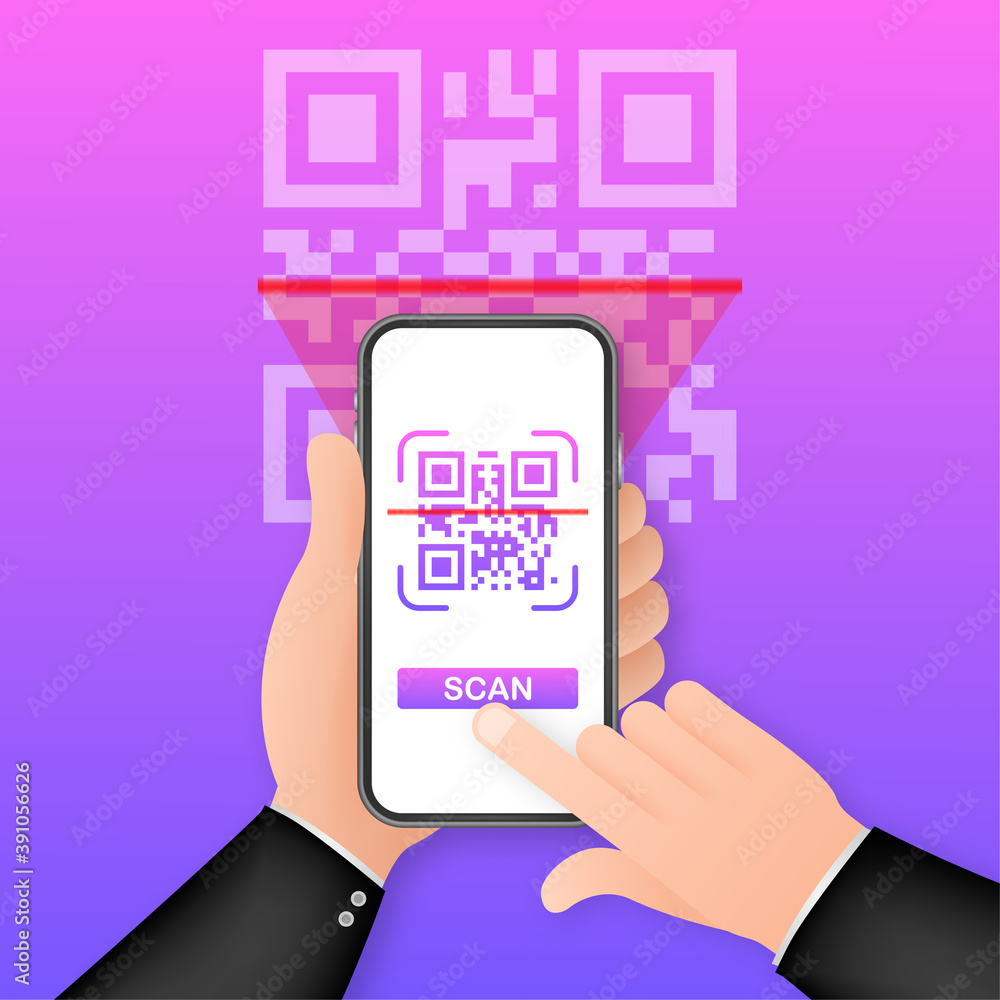 Poster scan qr code to mobile phone. electronic, digital technology, barcode. vector stock illustration.