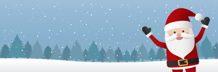 Cute santa claus with landscape forest. Merry christmas and happy new year. Christmas greeting card