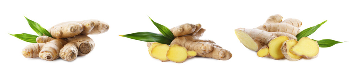 Set of fresh aromatic ginger with green leaves on white background. Banner design