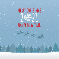 Fototapeta na wymiar silhouette of santa claus with sled and reindeers on the sky coming landscape forest Christmas tree in winter snow. Merry christmas and happy new year. Christmas greeting card