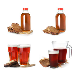 Collage with delicious kvass on white background