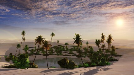 Obraz premium Oasis at sunset in a sandy desert, a panorama of the desert with palm trees, 