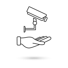 Hand holding CCTV, security digital camera, protection thin line icon. Vector Illustration