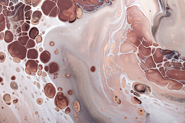 Acrylic Fluid Art. Brown bubbles, beige waves and gold inclusion. Abstract stone background or texture
