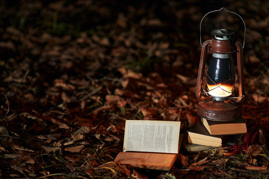 Concept Of Study At Night Under The Light Of A Kerosene Lamp, Education In Third World Countries, Vintage Style 