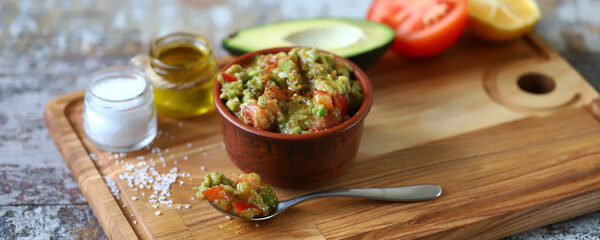 Fresh guacamole. Products for guacamole recipe. Home cooking. Healthly food.