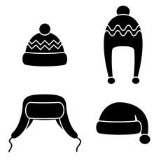 Winter hats set black icons isolated on white background. Knitting headwear and caps for cold weather. Outdoor clothing. Vector illustration