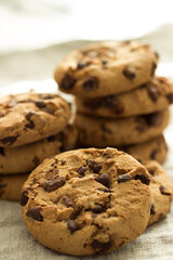 Close up of a stack of chocolate chip cookies 