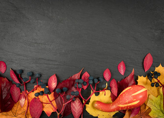 Minimal autumn mockup with leaves and pumpkins flat lay