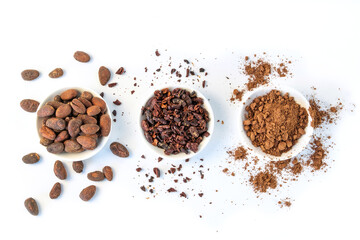 Cacao beans seeds, Cacao nibs and cacao powder isolated on white background.