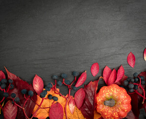 Minimal autumn mockup with leaves and pumpkins flat lay
