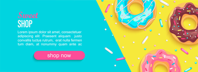 Sweet shop horizontal banner with donuts and place for text for your design. Great for kids menu, caffee, posters, web, cards, cafeteris advertise.Template vector illustration.