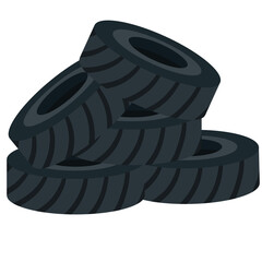 Black wheel. Bunch of old tires. The problem of urban garbage. Car element and tire service. Flat cartoon isolated on white © Taras